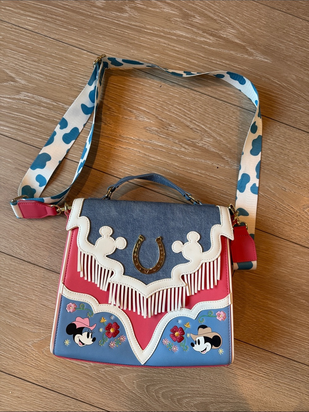 Loungefly Blue, Pink & Cream Western Mickey & Minnie Satchel - Picture 1 of 3